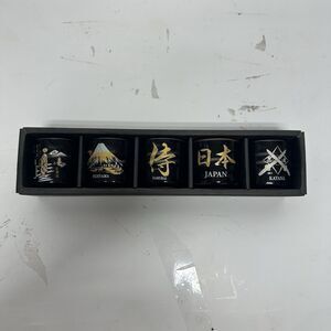 Japan Shot Glass Set of 5 Black Gold Fuji Samurai Katana Souvenir Collection